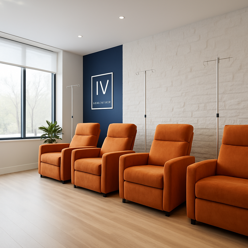 Inside Prime IV Hydration Newport — comfortable orange recliner lounge chairs in a modern wellness clinic