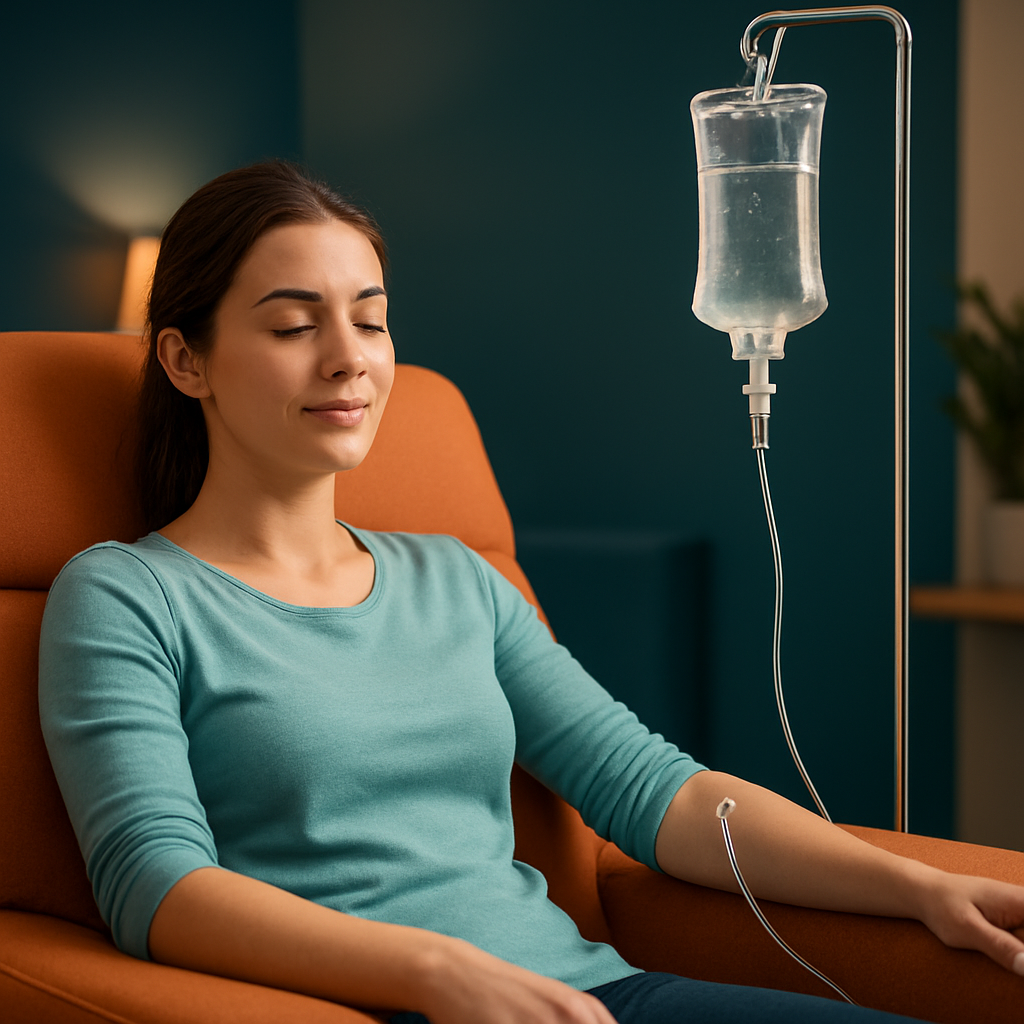 A client relaxing during an IV vitamin drip at Prime IV Hydration Newport, KY